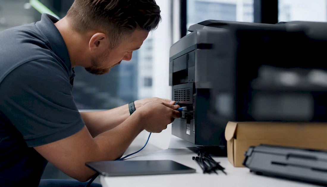 Technician connecting cable to office printer