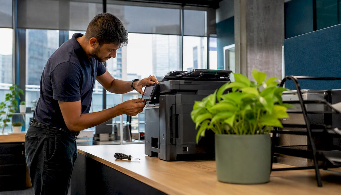 Technician connecting a network printer in office