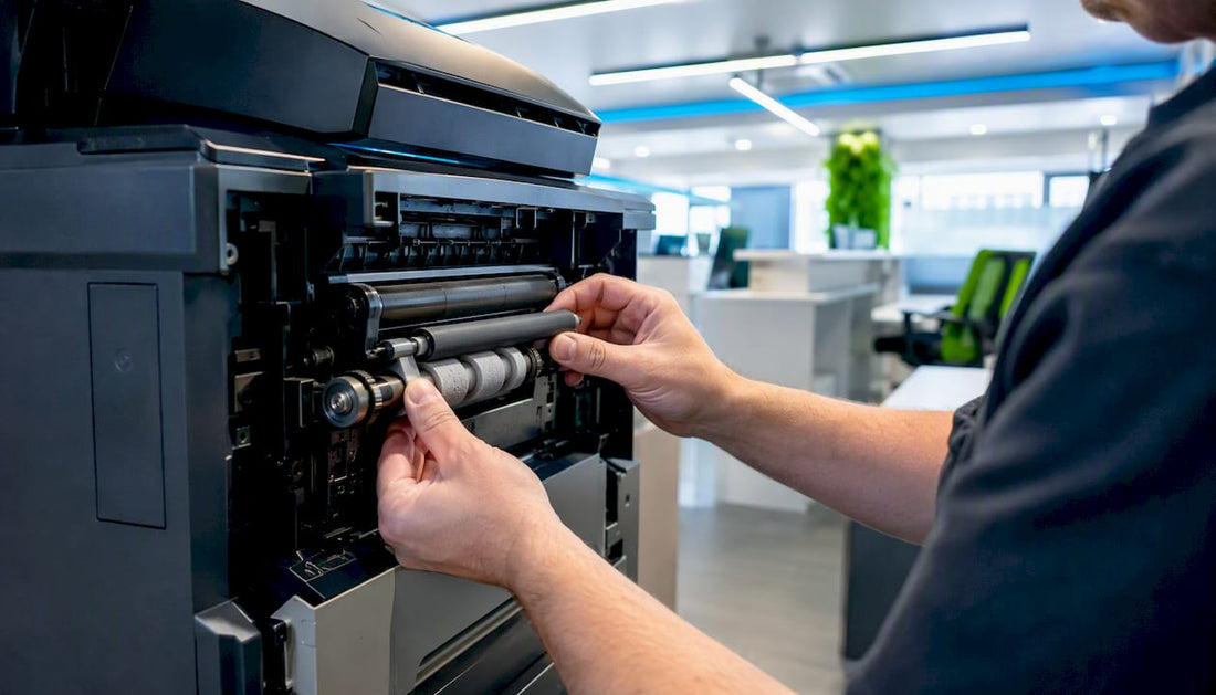 Technician inspecting printer internal parts