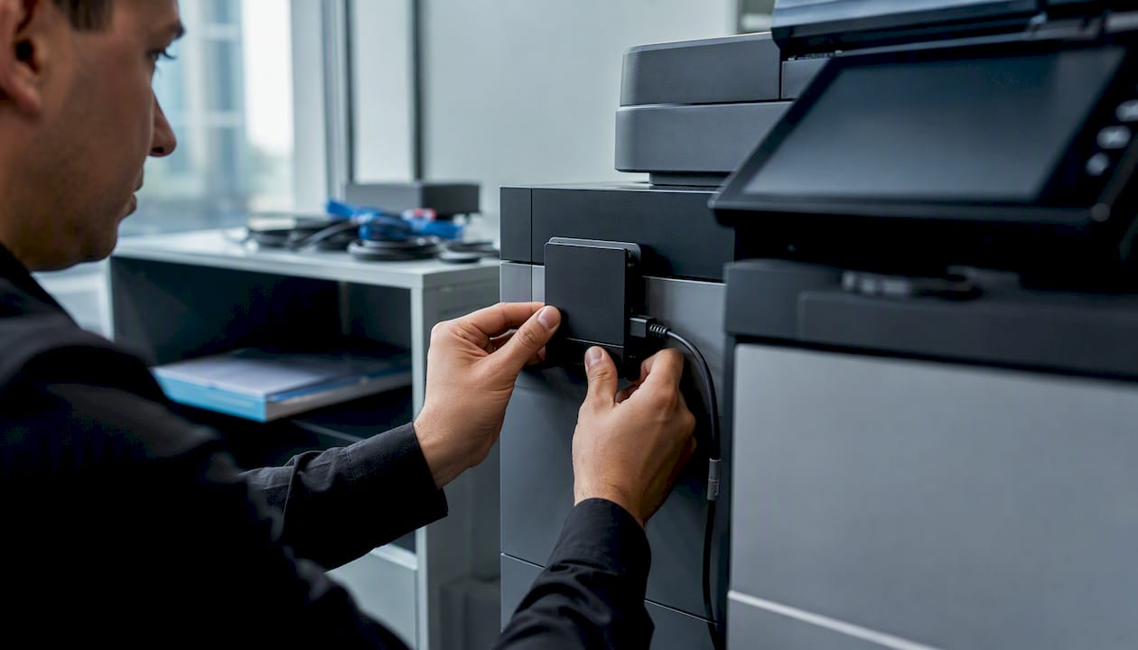 Technician installing badge reader on office printer
