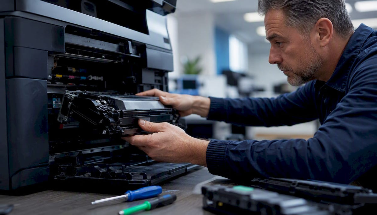 Technician removing toner cartridge from printer