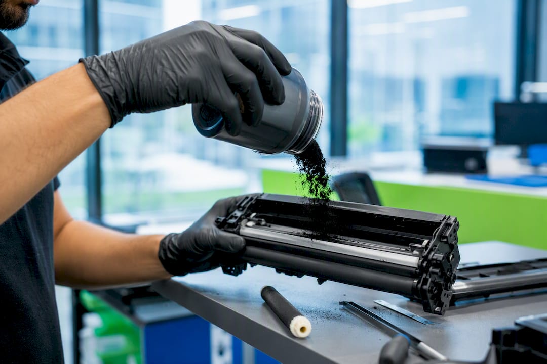 Hand pouring toner powder into printer cartridge