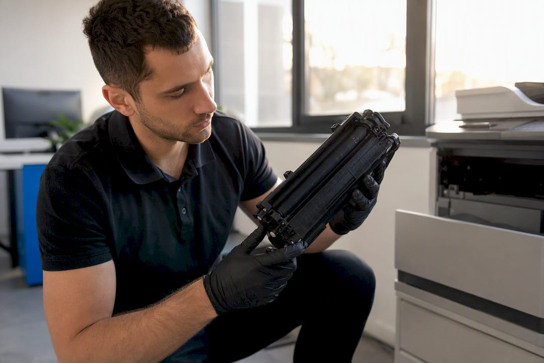 Technician inspecting toner cartridge close-up