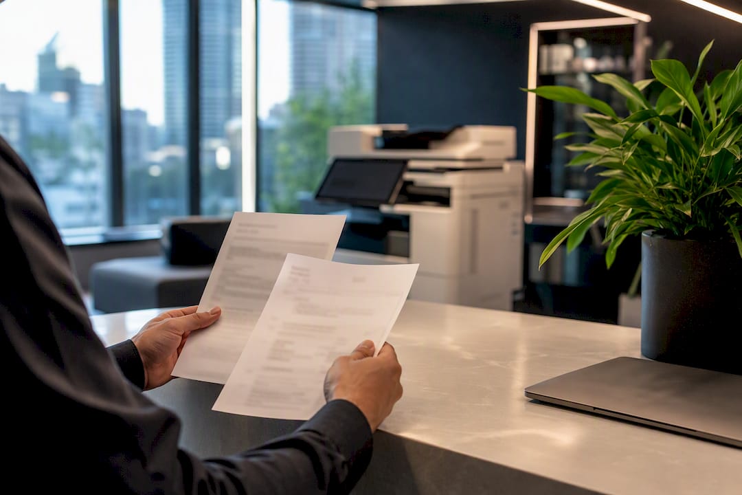 Hands holding warranty documents on office desk