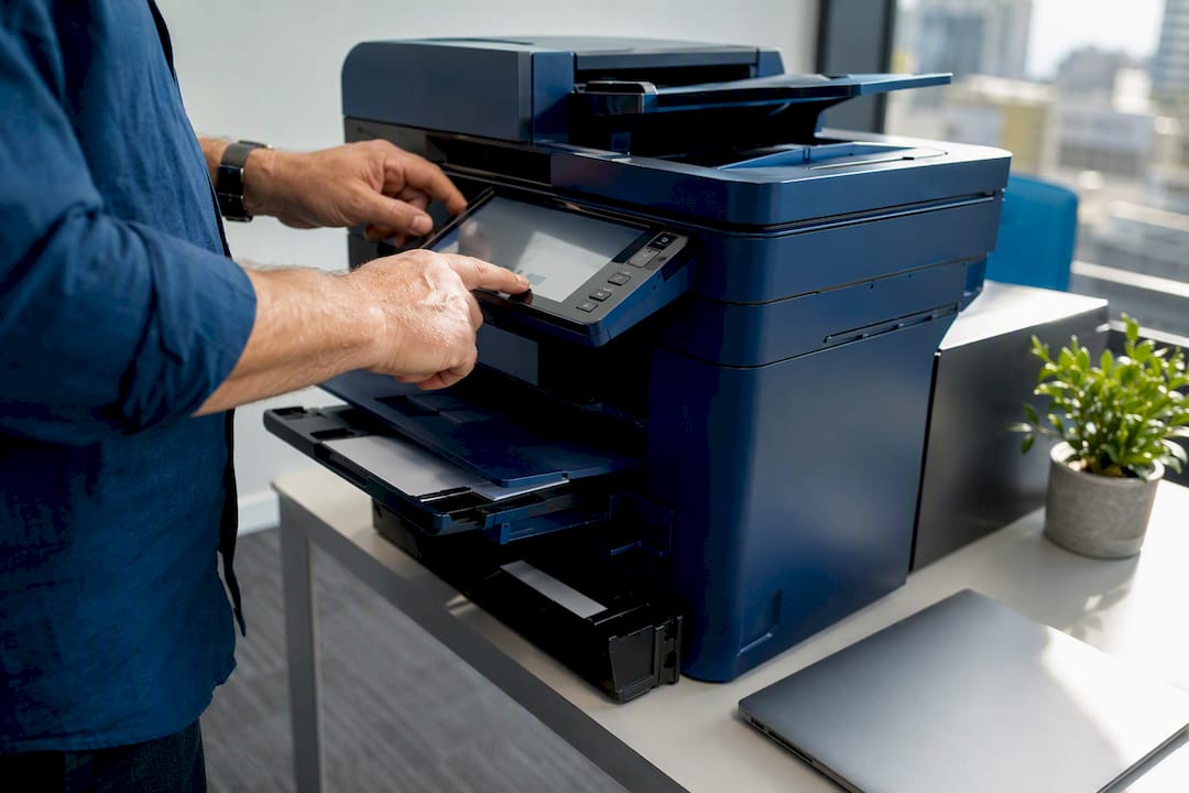 Technician adjusting printer settings close-up