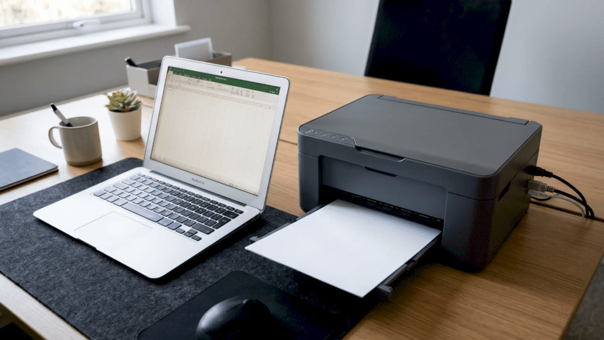Technician connecting a network printer in office