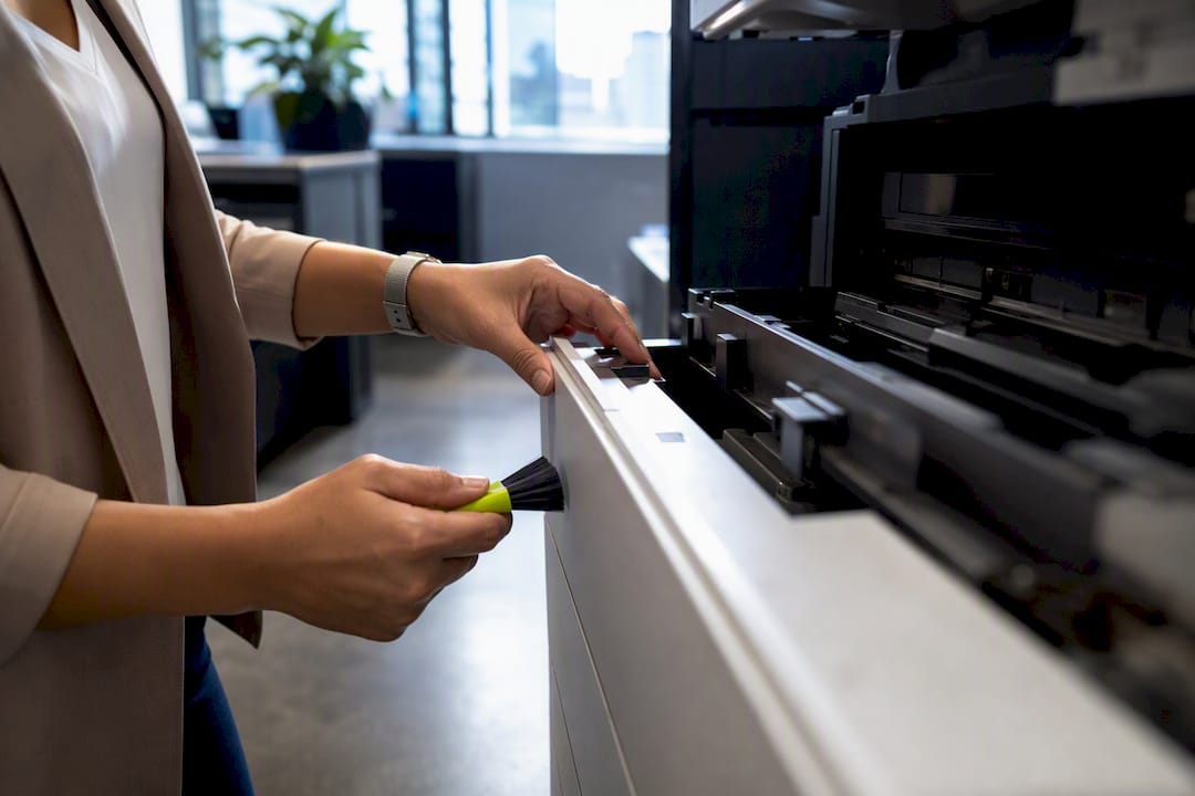 Hands checking an anonymous office printer