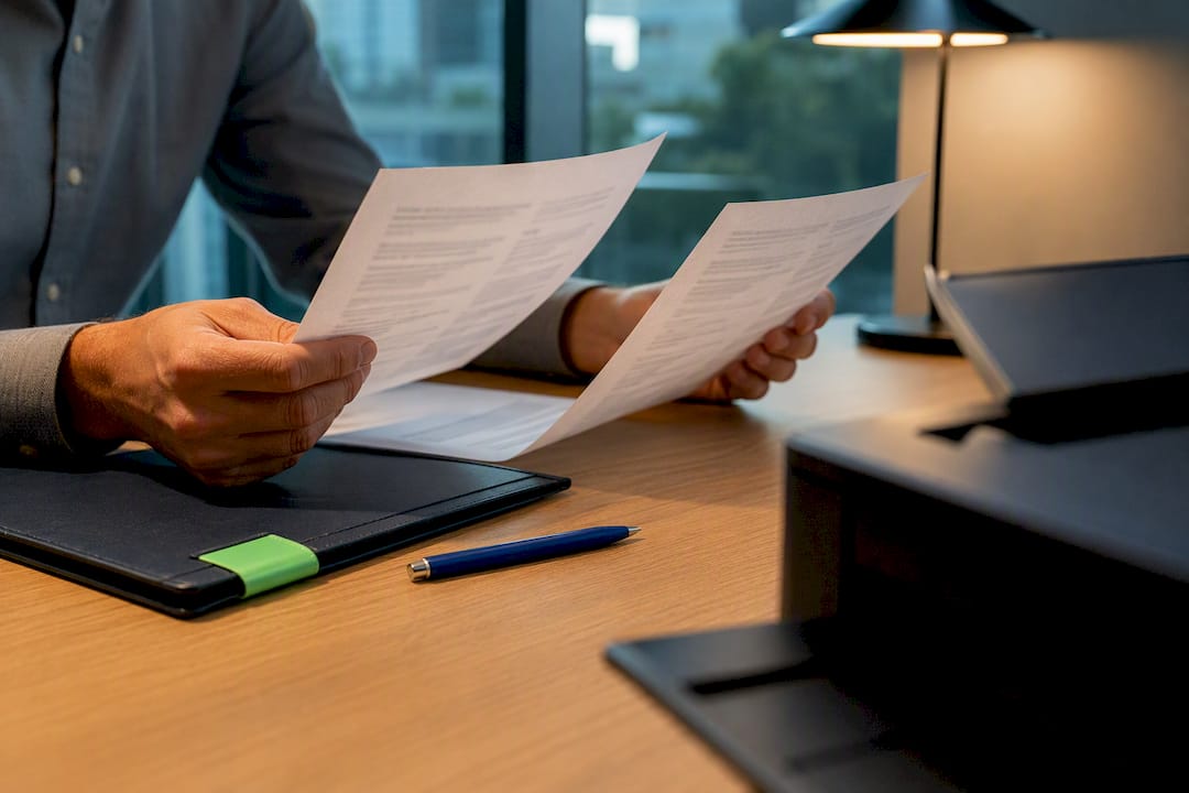 Hands reviewing an office printer service agreement
