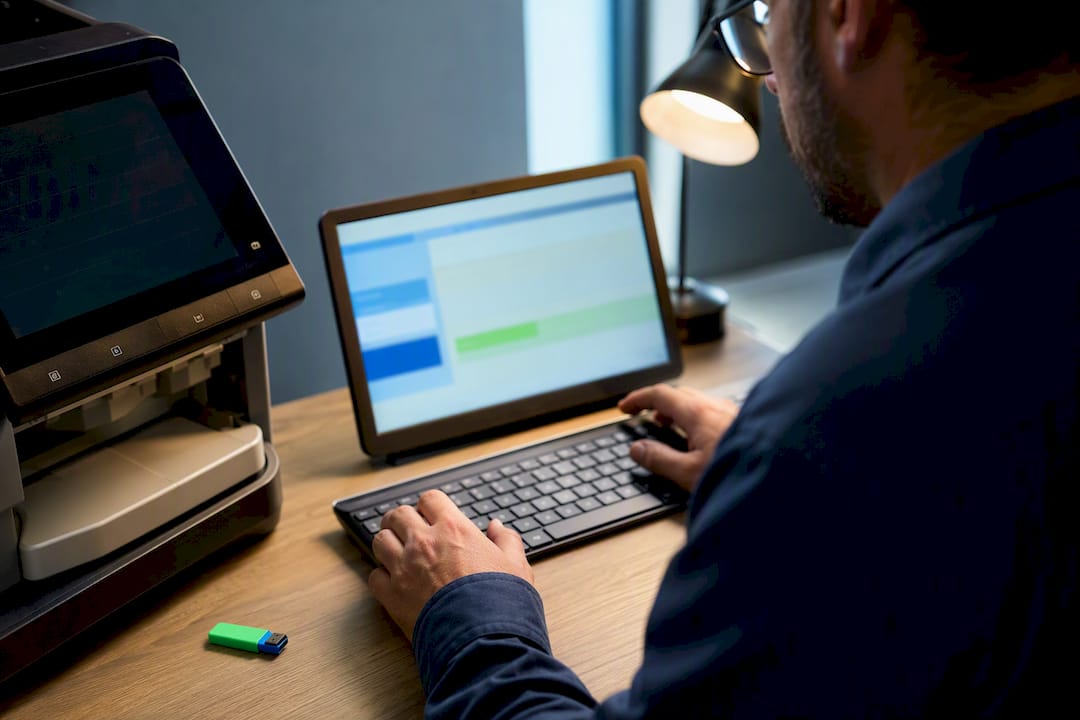 Technician verifying printer firmware update