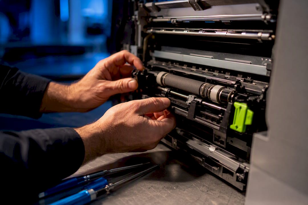 Technician inspecting printer maintenance components