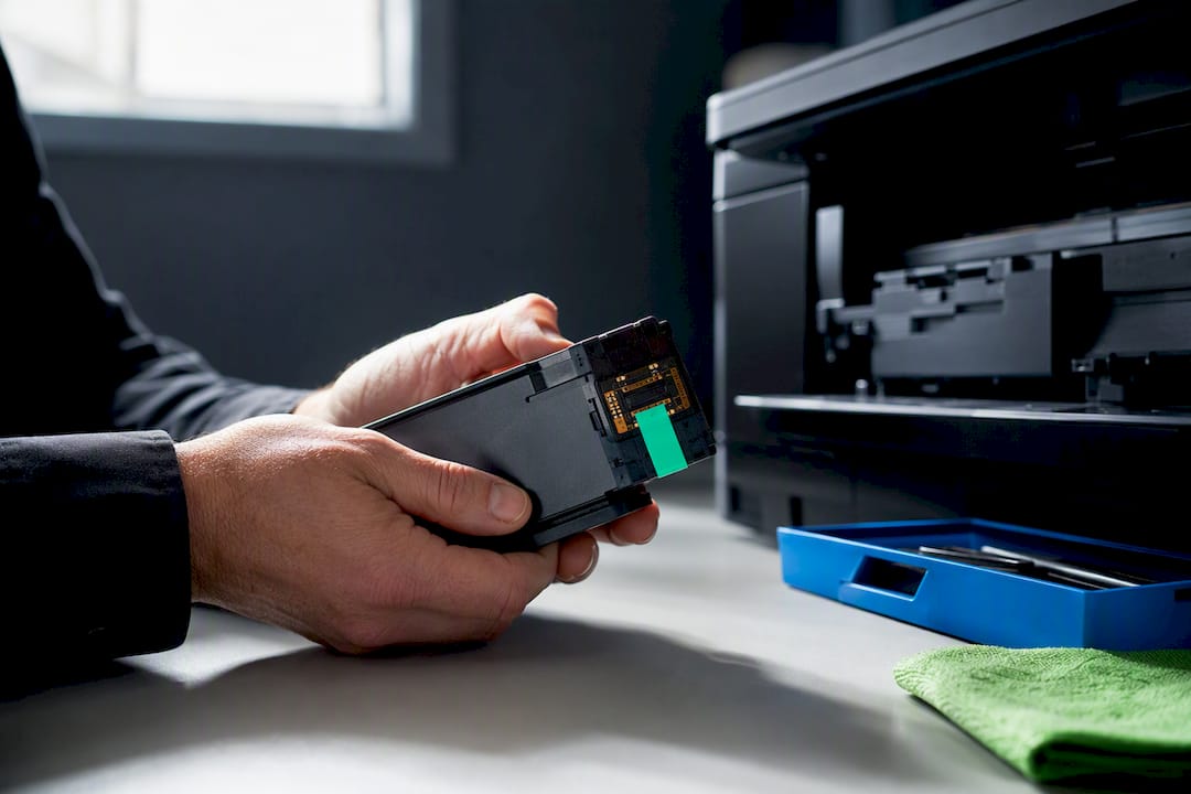 Technician examining ink cartridge for warranty claim