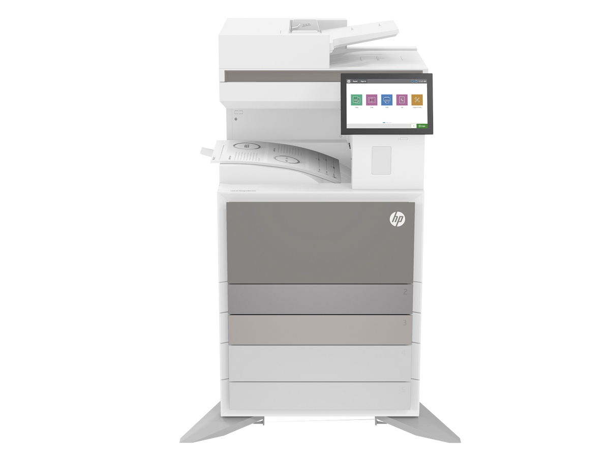 HP LaserJet Managed MFP E731dn Lunar Grey, front view with output