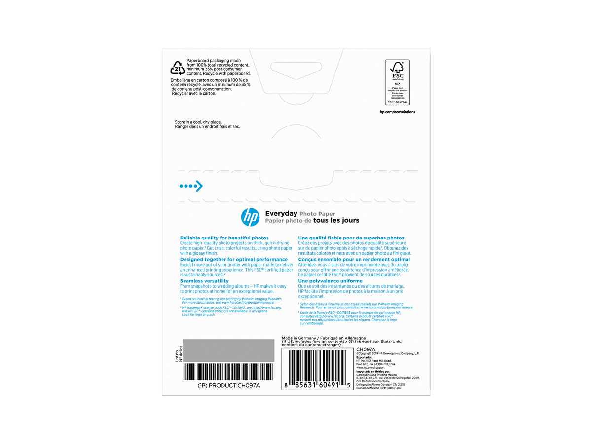 HP Everyday Photo Paper, Glossy, FSC, 5x7 size, 60 shts, CH097A CH097-00006