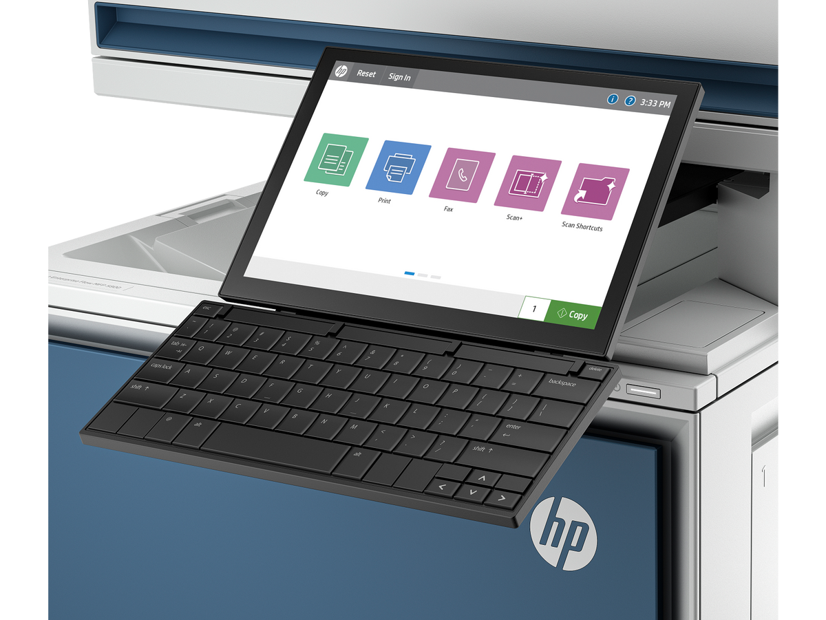 HP Color LaserJet Enterprise Flow MFP 5800 Transactional AtmosphereBlue Catalog VisID ScreenCloseupKeyboard