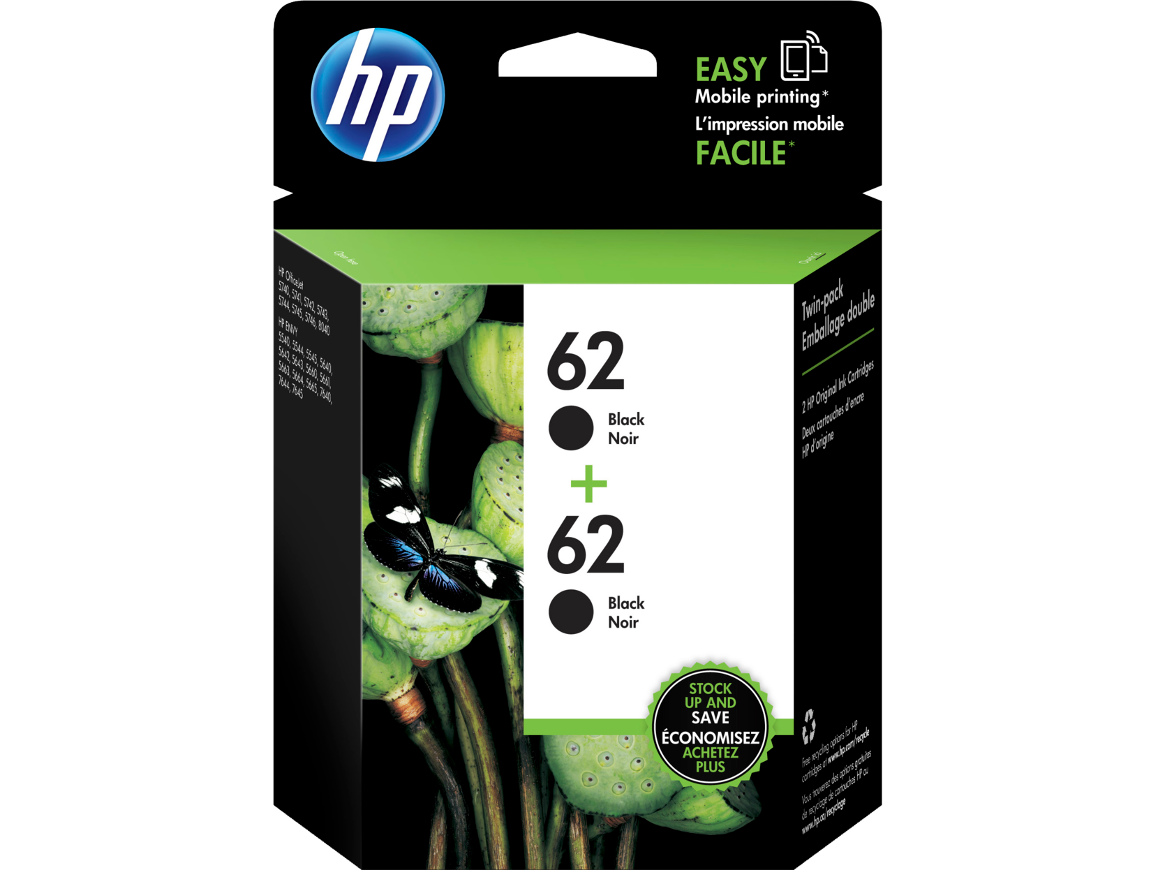 HP 62 Black Ink Cartridge 2-Pack