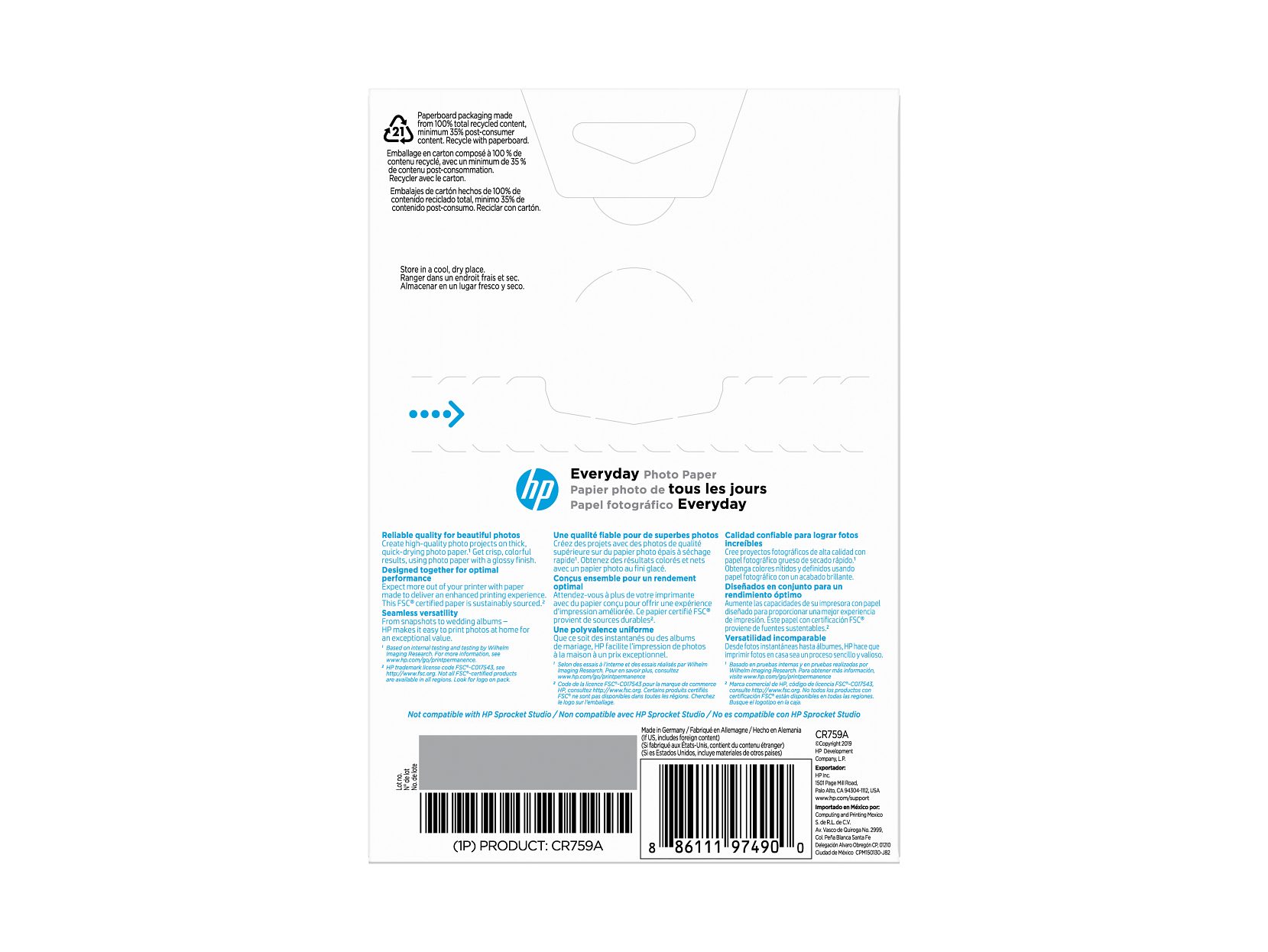 HP Everyday Photo Paper, Glossy, FSC, 4x6 size, 100 shts, CR759A CR759-00003
