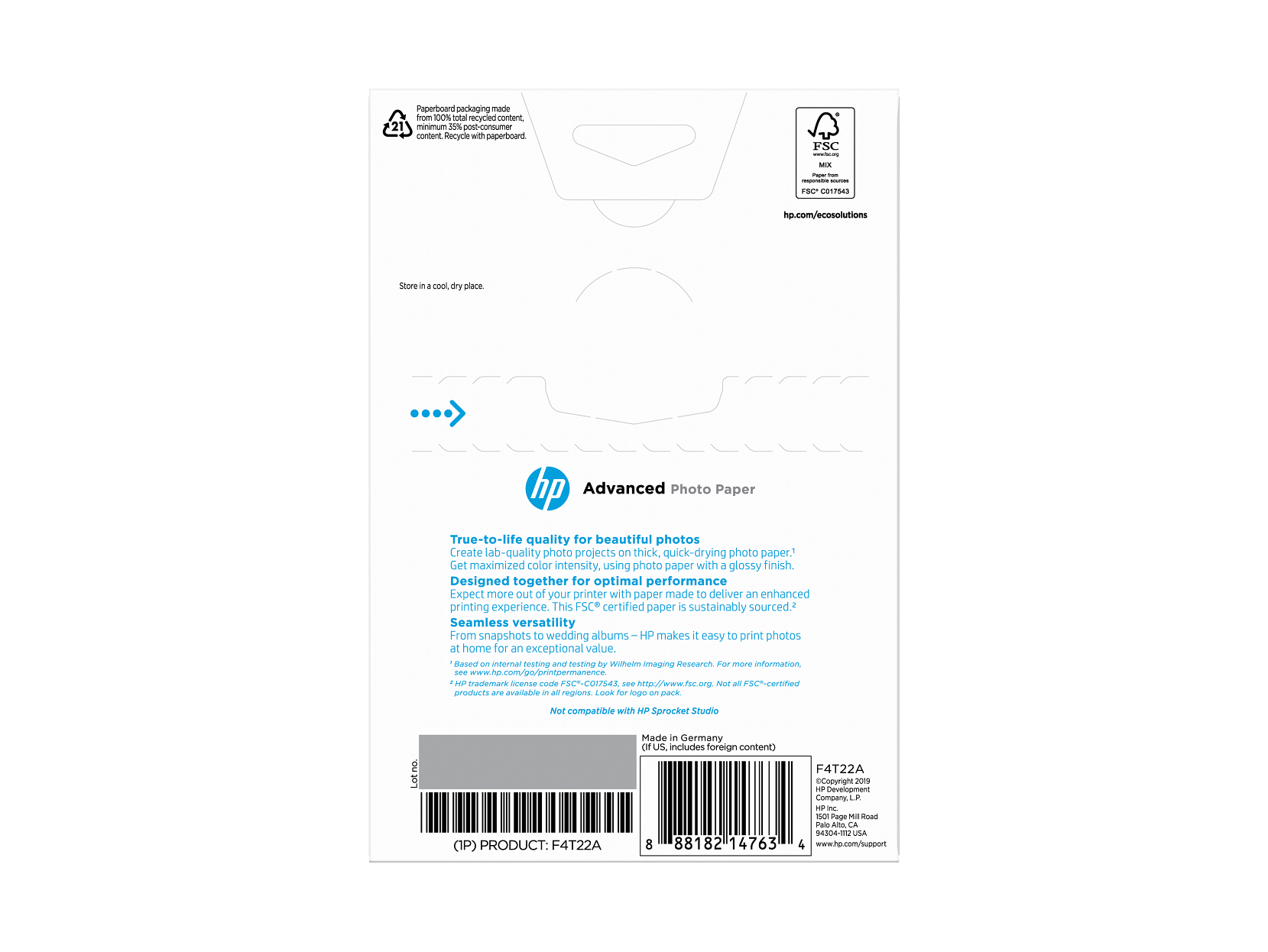 HP Advanced Photo Paper, Glossy, FSC, 4x6 size, 50 shts, F4T22A F4T22-00003