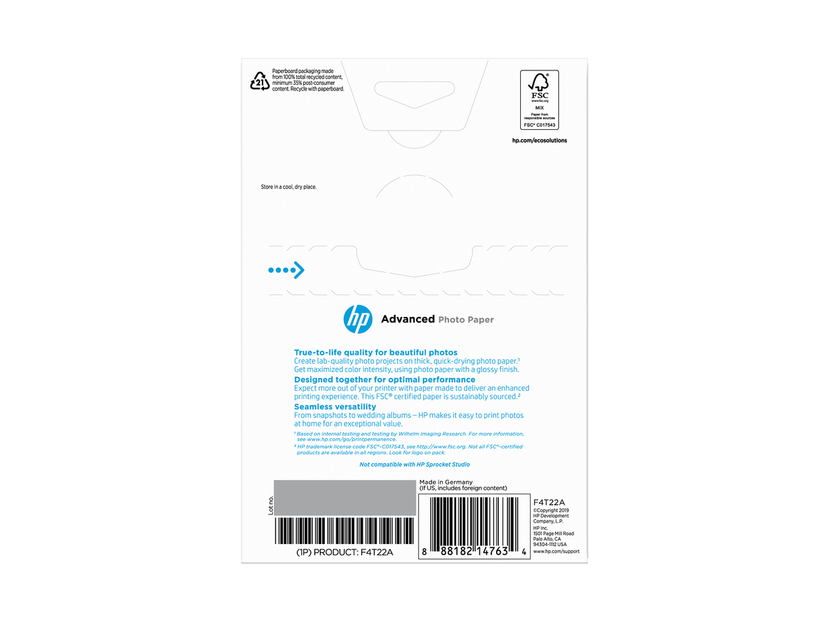 HP Advanced Photo Paper, Glossy, FSC, 4x6 size, 50 shts, F4T22A F4T22-00003